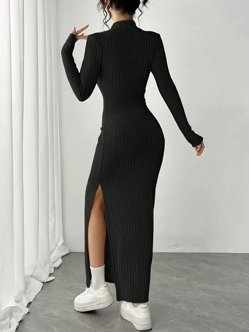 Vestido Manga Longa Canelado com Fenda Modern Joani