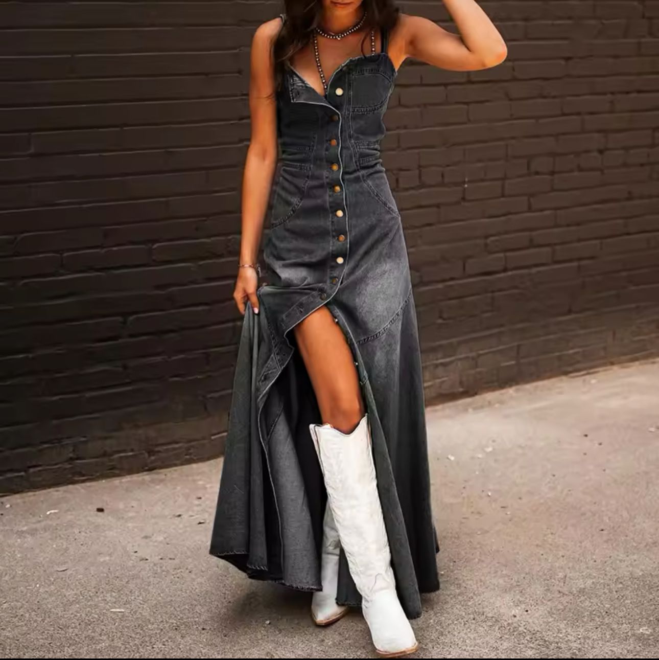 Vestido Longo Jeans com Botões Betina