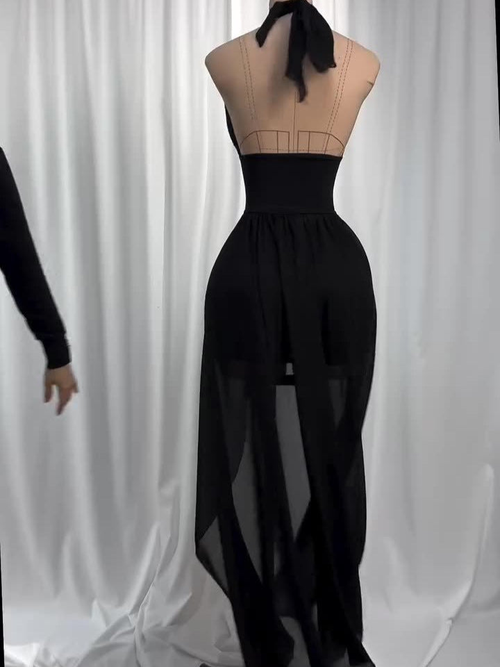 Vestido Frente Única de Tule e Amarrações Preto Modern Harley