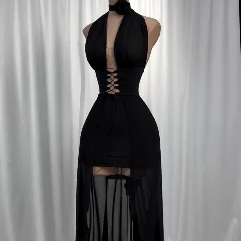 Vestido Frente Única de Tule e Amarrações Preto Modern Harley