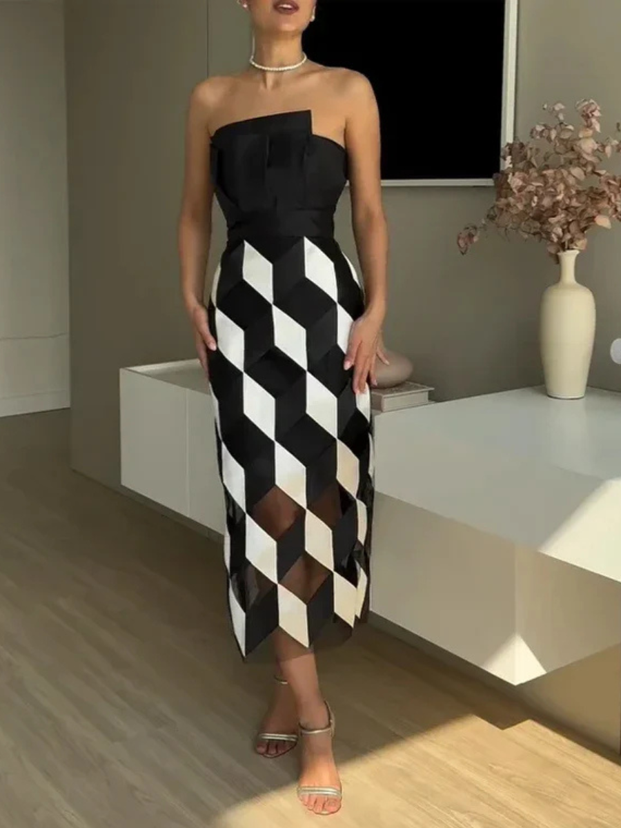 Vestido Midi Sem Alças Preto e Branco Modern Noir