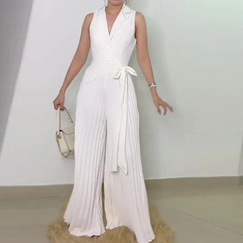 Macacão Longo Chiffon Plissado Pantalona com Cinto Modern Dilena