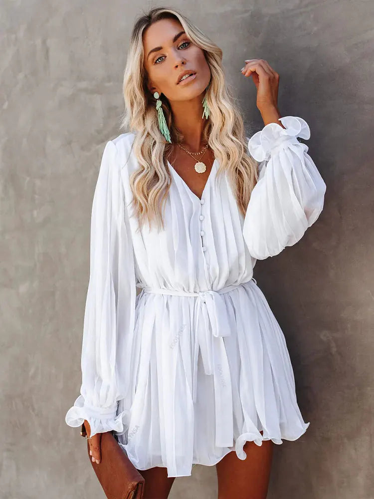Vestido Manga Longa Plissado Tendência Boho Chic Modern Helise
