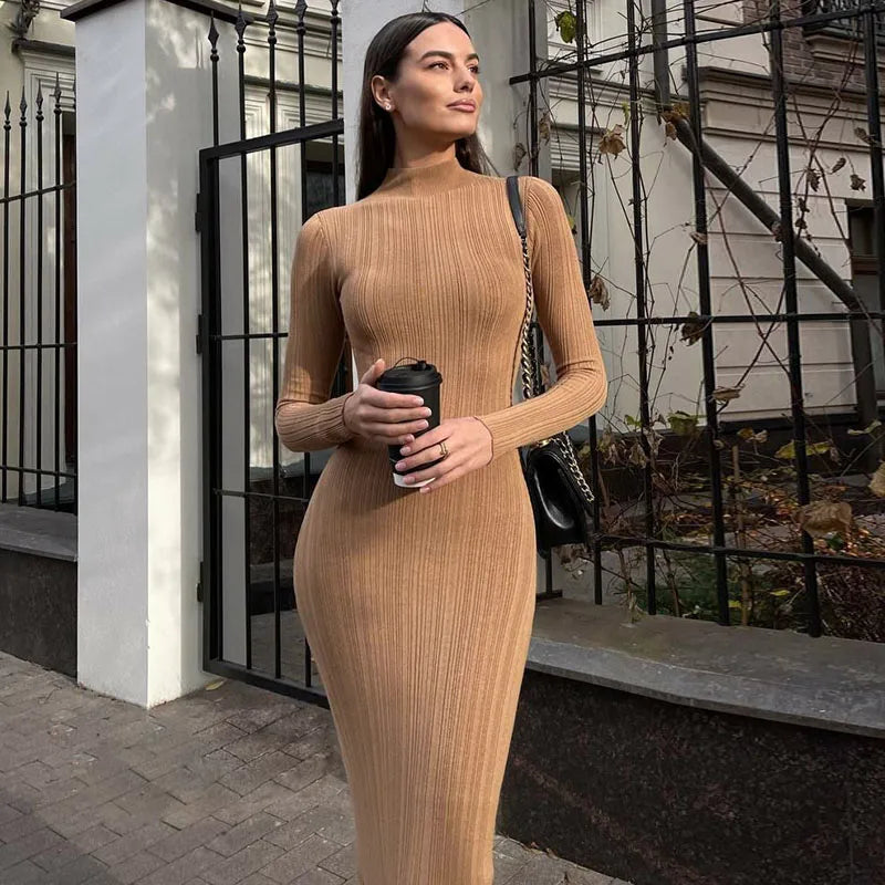 Vestido Midi Manga Longa Gola Alta Modern Amira