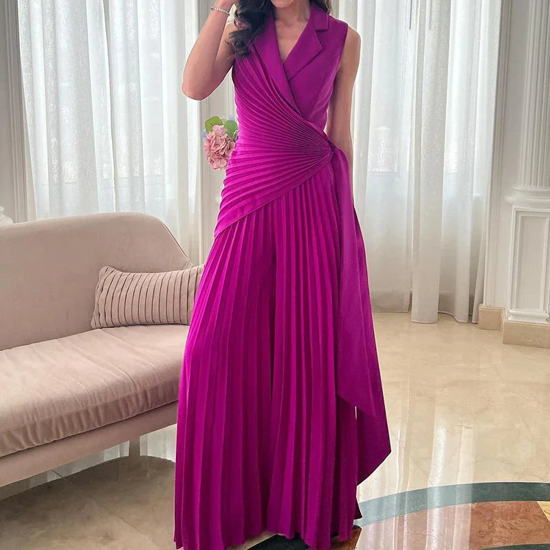 Macacão Longo Chiffon Plissado Pantalona com Cinto Modern Dilena