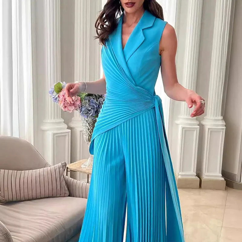 Macacão Longo Chiffon Plissado Pantalona com Cinto Modern Dilena