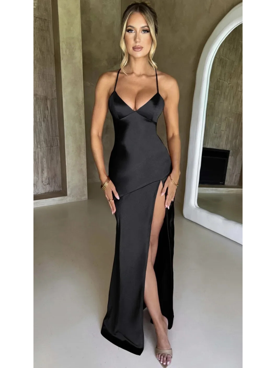 Vestido Longo de Cetim com Fenda e Decote nas Costas Modern Stela